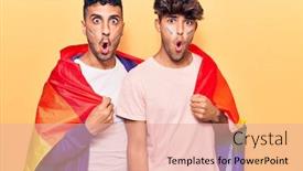  Presentation with lgbtq - PPT theme with young-gay-couple-wearing-rainbow background and a coral colored foreground