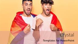 Presentation with gay rainbow flag - Presentation theme with young-gay-couple-wearing-rainbow background and a coral colored foreground