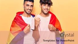  Presentation with gay rainbow flag - Amazing PPT theme having young-gay-couple-wearing-rainbow backdrop and a coral colored foreground