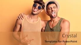  Presentation with young happy couple - Slide deck having young-gay-couple-wearing-summer background and a gold colored foreground