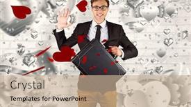  Presentation with valentines - Presentation featuring young geeky businessman holding briefcase against grey valentines heart pattern background and a coral colored foreground