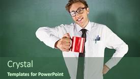  Presentation with green chalkboard - Slide deck featuring young geeky businessman holding mug against green chalkboard background and a ocean colored foreground