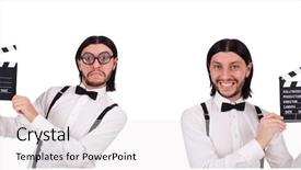  Presentation with octopus on isolated white - Presentation theme having young gentleman with clapperboard isolated background and a  colored foreground