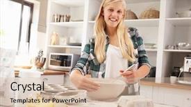  Presentation with banking comercial baking - Presentation consisting of young girl baking at home background and a soft green colored foreground