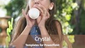  Presentation with outdoor party - Beautiful slide set featuring young girl blowing up balloon at the outdoor birthday party backdrop and a coral colored foreground