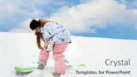  Presentation with snowboard - Colorful slides enhanced with young girl close snowboard fastering and preparing to ride from the hill backdrop and a sky blue colored foreground
