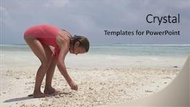  Presentation with sea shells - Amazing PPT layouts having young girl collecting sea shells backdrop and a light gray colored foreground