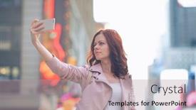  Presentation with manhattan - Beautiful PPT layouts featuring young girl doing selfies in manhattan backdrop and a mint green colored foreground