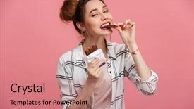  Presentation with eating - Slide set enhanced with young girl eating chocolate bar background and a coral colored foreground