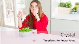  Presentation with healthy eating - PPT theme having young girl eating healthy green background and a coral colored foreground