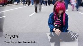  Presentation with crowd - PPT theme with young girl feeling solitude background and a light gray colored foreground