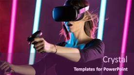  Presentation with augmented reality - Colorful PPT theme enhanced with young-girl-getting-experience-vr backdrop and a violet colored foreground