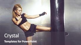  Presentation with kickboxing - Amazing PPT theme having young girl having a kickboxing backdrop and a dark gray colored foreground
