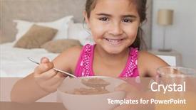  Presentation with breakfast cereal - PPT theme featuring young girl having breakfast background and a coral colored foreground