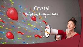  Presentation with confetti - Theme having young girl having fun shouting into megaphone with balloons and confetti background and a gray colored foreground
