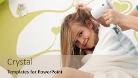  Presentation with ritual - Cool new theme with young girl having her hair dried after bath - sitting in bed enjoying her beauty ritual backdrop and a soft green colored foreground