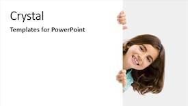  Presentation with whiteboard - Colorful presentation enhanced with young girl holding and showing something on a whiteboard backdrop and a white colored foreground