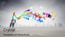  Presentation with holding bucket while water droplet - Slides featuring young girl holding bucket with colorful splashes background and a light gray colored foreground