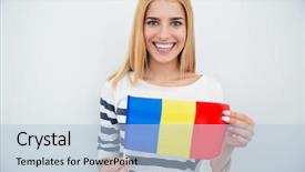  Presentation with smiling little girl - Presentation theme having young girl holding romanian flag background and a light blue colored foreground