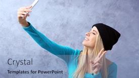  Presentation with self - Beautiful PPT theme featuring young girl in black hat taking photo of her self with smart phone on grey wall background backdrop and a light blue colored foreground