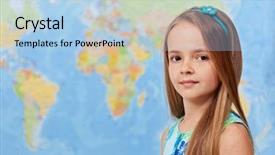  Presentation with world class - Amazing presentation theme having young girl in front of world map - in geography class with copy space backdrop and a light blue colored foreground
