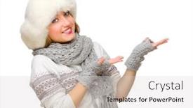 Presentation with welcome - Amazing presentation theme having young girl in fur hat shows welcome gesture isolated backdrop and a light gray colored foreground