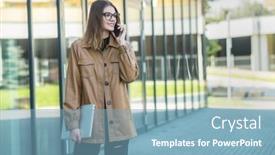  Presentation with smartphone - Beautiful slide deck featuring young-girl-in-glasses-talking backdrop and a teal colored foreground