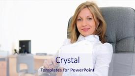  Presentation with office chair - PPT theme enhanced with young girl in his office sits in a gray chair background and a sky blue colored foreground