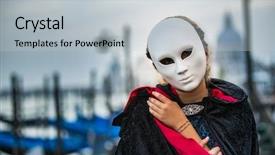  Presentation with celebrate - Cool new theme with young girl in mask celebrate carnival in venice with gondolas and san giorgio maggiore church in background italy backdrop and a light gray colored foreground