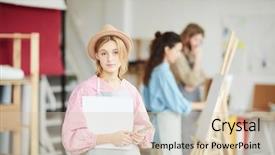  Presentation with happy young student girl holding - Presentation theme consisting of young girl in smart casual background and a lemonade colored foreground