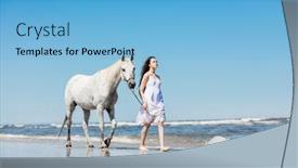  Presentation with white horse - Colorful theme enhanced with young girl in white dress and white horse walking on the beach vacation backdrop and a light blue colored foreground