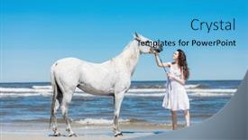  Presentation with bond - Cool new PPT theme with young girl in white dress petting white horse on the beach human and animal bond backdrop and a teal colored foreground