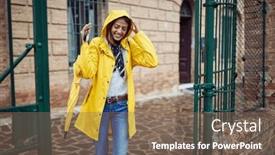  Presentation with rain city - Slide set with young-girl-in-yellow-raincoat background and a  colored foreground