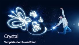  Presentation with happiness - PPT theme having young girl jumping high in sky representing happiness concept background and a navy blue colored foreground