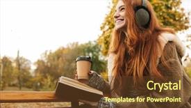  Presentation with music book - Slide deck featuring young girl listening to music background and a tawny brown colored foreground