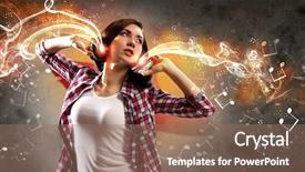  Presentation with music teal color - Slide deck with young girl listens to music background and a coral colored foreground