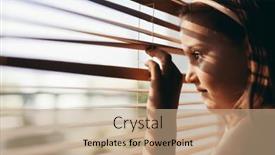  Presentation with waiting - Presentation design with young-girl-looking-through-blinds background and a coral colored foreground