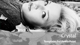  Presentation with fall leaves - Audience pleasing presentation theme consisting of young girl lying in the autumn fall leaves backdrop and a gray colored foreground
