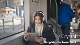  Presentation with tram - PPT theme having young-girl-on-a-tram background and a dark gray colored foreground