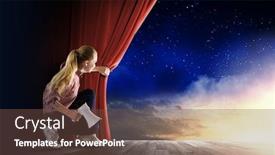  Presentation with red stage curtain - Cool new presentation theme with young girl on stage with megaphone opening red curtain backdrop and a tawny brown colored foreground