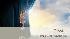  Presentation with red stage curtain - PPT layouts with young girl on stage with megaphone opening red curtain background and a cream colored foreground