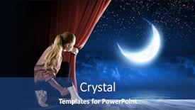  Presentation with red stage curtain - Presentation theme enhanced with young girl on stage with megaphone opening red curtain background and a ocean colored foreground