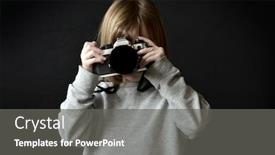  Presentation with camera film - Cool new slide deck with young girl photographer taking photograph with camera film or digital backdrop and a gray colored foreground