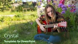  Presentation with acoustic - Presentation theme featuring 70s hippy - young girl playing acoustic guitar background and a tawny brown colored foreground