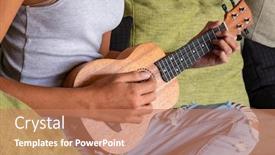  Presentation with ukulele - Cool new theme with young-girl-playing-ukulele-sitting backdrop and a coral colored foreground
