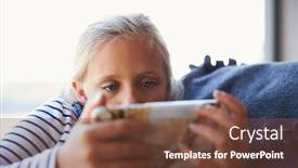  Presentation with mobile games - PPT theme featuring young-girl-playing-video-games background and a tawny brown colored foreground