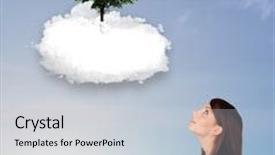  Presentation with tree sky trees green - Slide set having young girl pointing at a green tree on top of a white cloud concept background and a lemonade colored foreground