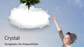  Presentation with green tree - PPT theme enhanced with young girl pointing at a green tree on top of a white cloud concept background and a lemonade colored foreground