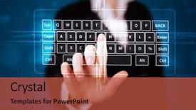  Presentation with virtual keyboard - Audience pleasing PPT theme consisting of young girl pressing virtual type of keyboard backdrop and a red colored foreground