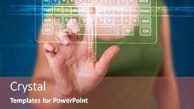  Presentation with virtual keyboard - PPT theme with young girl pressing virtual type of keyboard background and a coral colored foreground